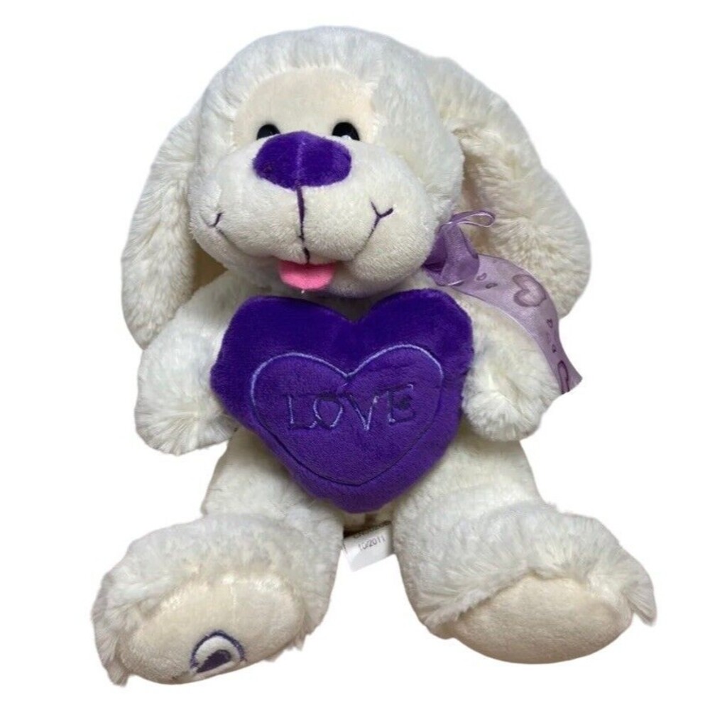 Far East Brokers White Fluffy Puppy With Purple Love Heart 11" Stuffed Plush Dog